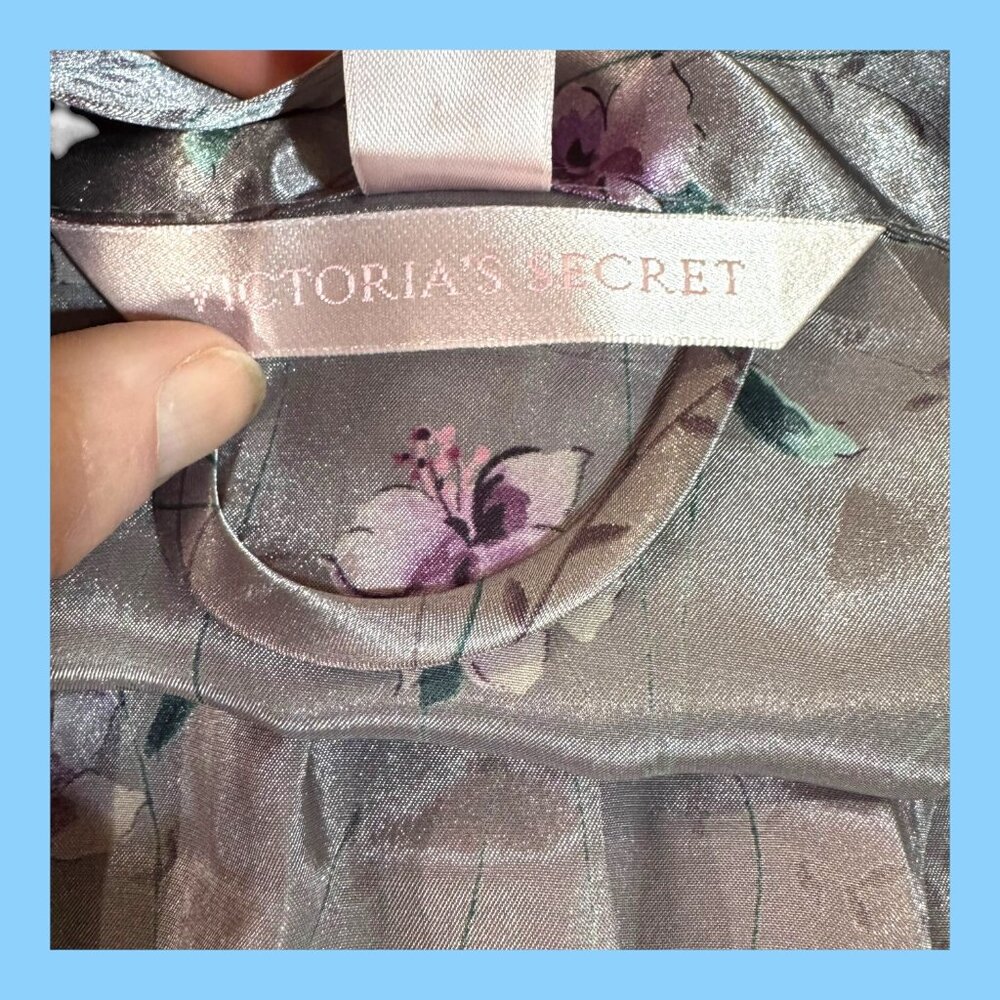 Victorias Secret Floral Satin Robe Waist Tie Flowers One Size Silver Purple - Picture 4 of 8